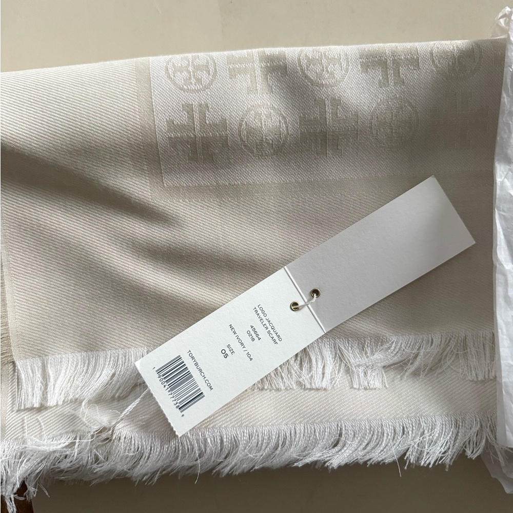 Tory Burch Logo Jacquard Traveler Silk and Wool Scarf in New Ivory